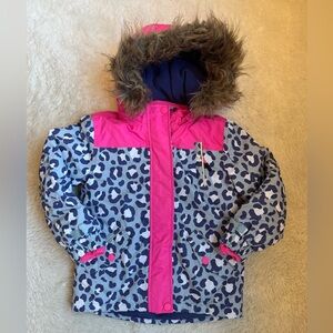 Kids Boden Pink/ Grey / Blue Patterned Jacket with Fur Trim